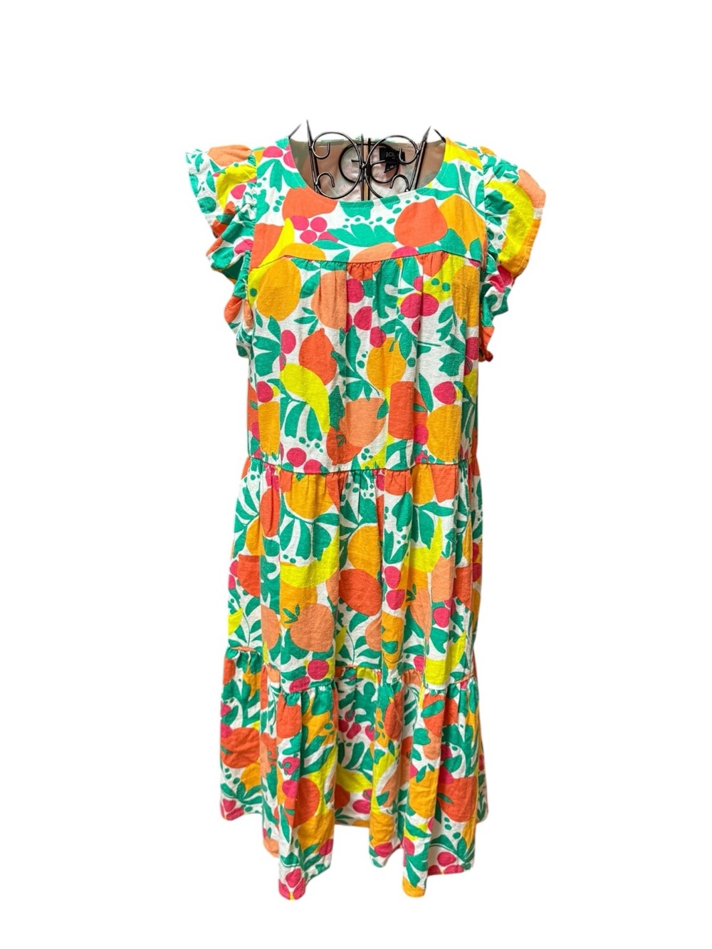 J. Crew Linen Blend Green Orange Floral Tiered Sundress size 4